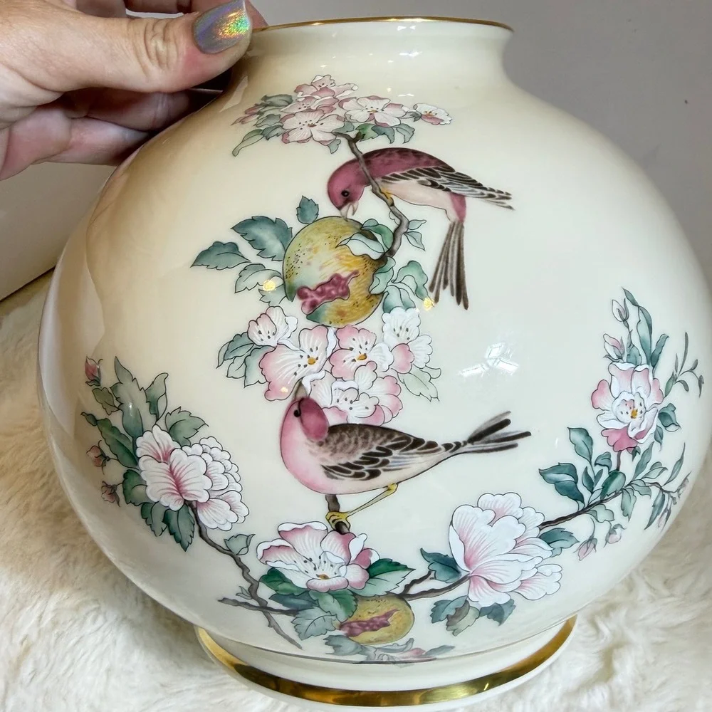 Lenox Serenade Globe Vase 24K Gold Trim Pink Flowers Bird ~ Vintage Hand Painted